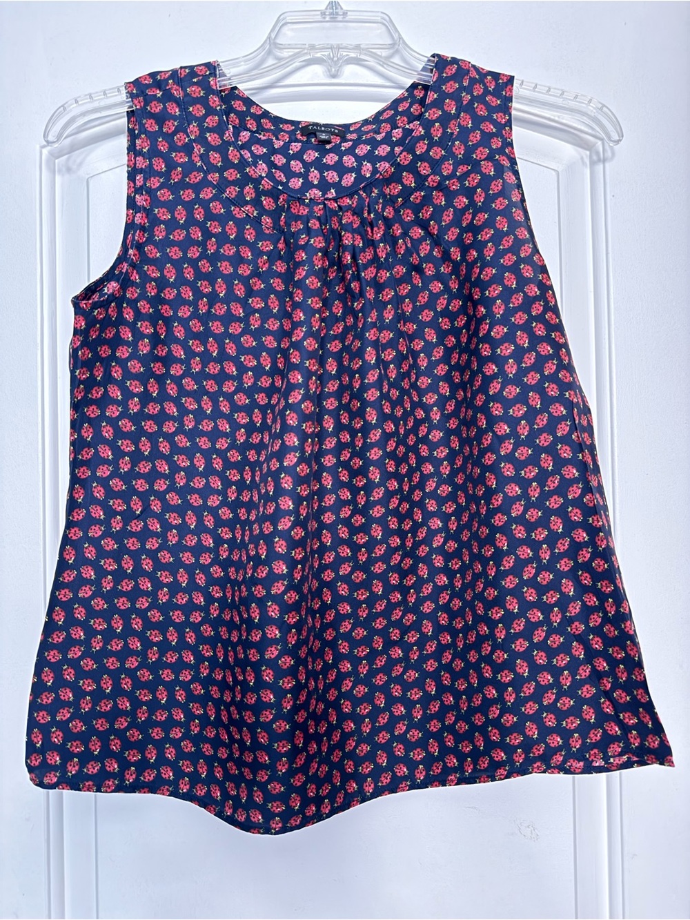 Talbots Navy Silk Sleeveless Top with Red Ladybug Print